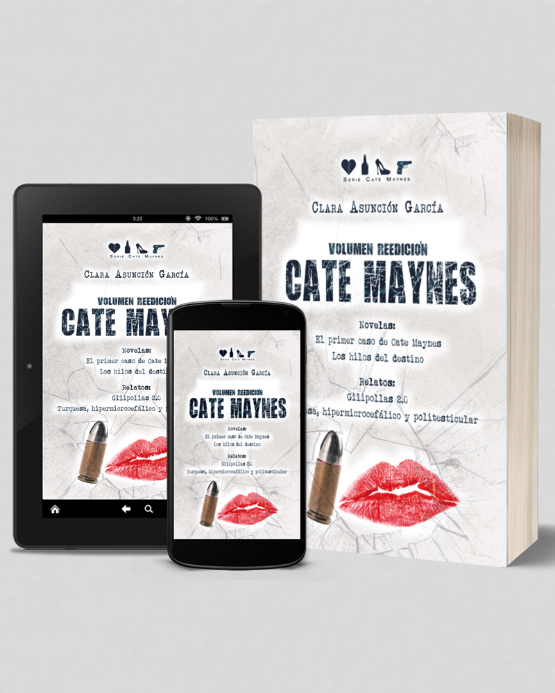 VOLUMEN REEDICIÓN CATE MAYNES Volumen que incluye las versiones reeditadas de las novelas El primer caso de Cate Maynes y Los hilos del destino, junto a los relatos Gilipollas 2.0 y Turquesa, hipermicrocefálico y politesticular.